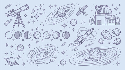 A collection of detailed line art illustrations depicting various celestial objects, astronomical equipment, and space exploration elements. © KN collection