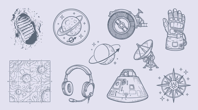 A collection of detailed monochrome line art illustrations depicting various space exploration and astronomy elements, including planets, spacecraft, astronaut gear, and celestial maps.