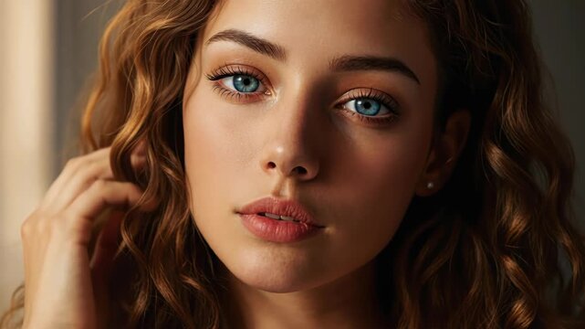 Radiant Beauty: A portrait of a woman with captivating blue eyes, and delicate features showcases her natural grace and inner light.