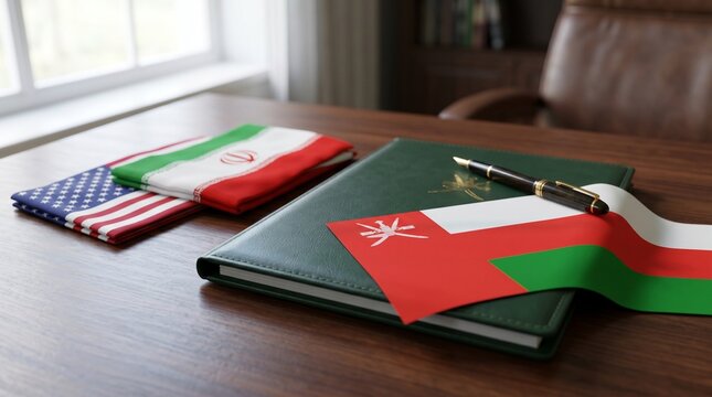 Oman flag with Iran and USA flags on desk with document and fountain pen. Diplomacy and mediation concept. International relations and negotiation between countries for peace agreement.
