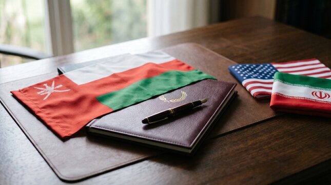 Flags of Oman, United States and Iran with fountain pen on desk. International diplomacy, government negotiations and political agreement. Global summit, mediation and treaty concept.
