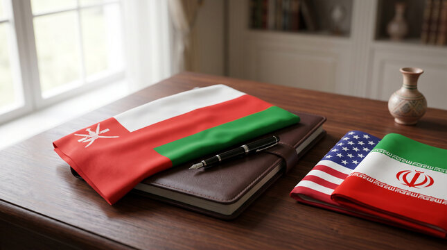 Oman flag with American and Iranian flags on wooden table with fountain pen. International diplomatic negotiations and mediation process. Global political agreement and peace concept.