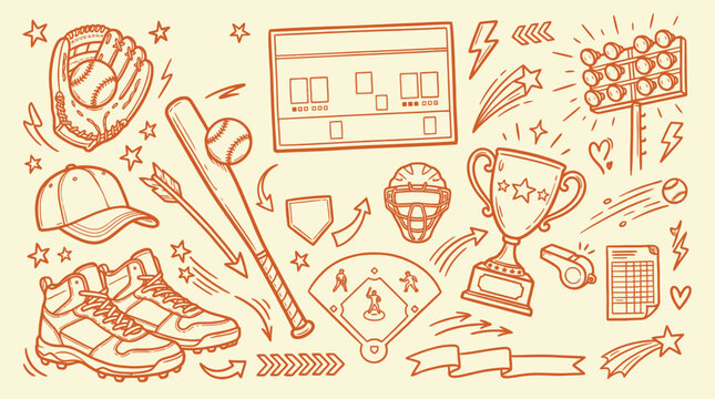 Hand-drawn doodle collection of baseball equipment and related elements in a vintage style, perfect for sports themes.
