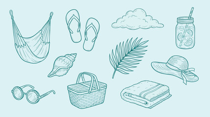 Collection of hand-drawn summer vacation and beach icons, perfect for travel and leisure themes. © KN collection