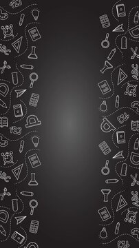 4K animated chalk school doodles border on blackboard vertical background