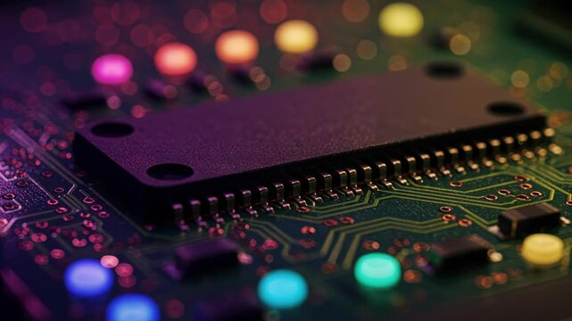 Digital Circuitry: A close-up glimpse of a cutting-edge printed circuit board, illuminated by vibrant, multicolored lights, showcasing the intricate network of digital components and connections.