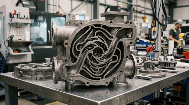 Closeup medium shot of titanium pump components with intricate 3Dprinted flow paths highlighting strength and corrosion resistance in advanced manufacturing.