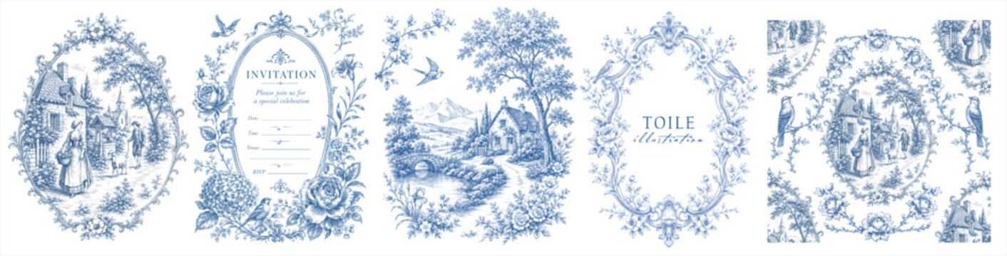 Vintage blue toile illustration set with floral frames, invitation card, pastoral village scenes and seamless pattern. Elegant french style collection for weddings, stationery, decor and print 