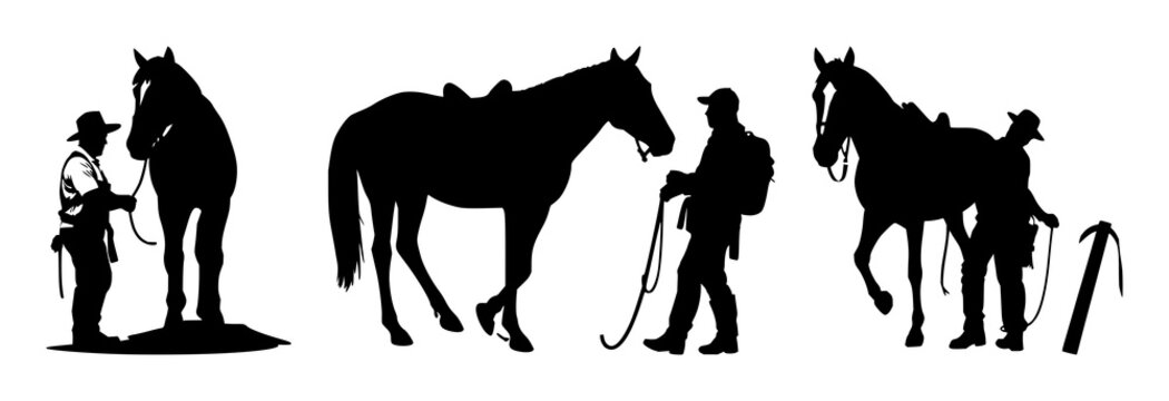 Farrier set with solid black silhouette of a farrier shoeing a horse, high contrast isolated on white background featuring horse, black and white, trade profession with equestrian illustration