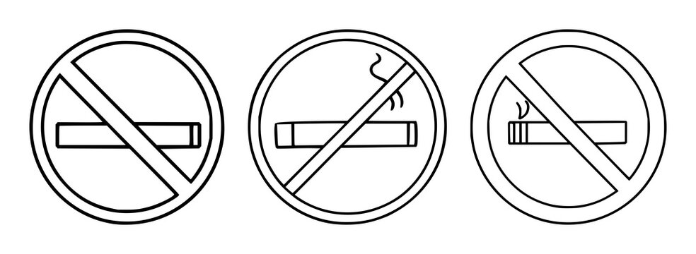 No-smoking sign set with a minimalist pictogram and heavy line weight featuring a prohibition symbol, red circle, and diagonal line icon with white background and warning message
