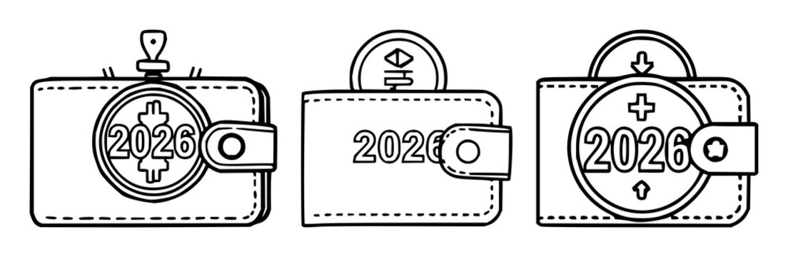 Digital wallet icon set with sleek flat minimal design featuring 2026 token, cryptocurrency, fintech with white background and UI