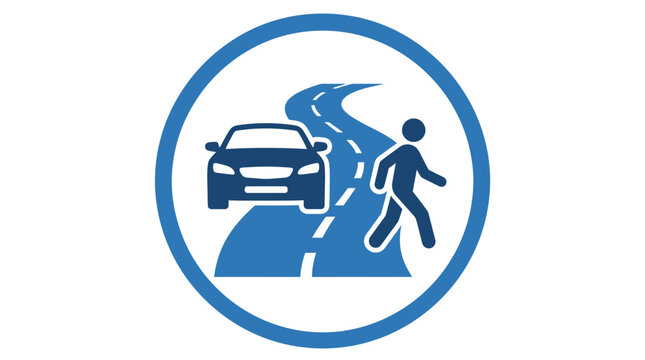 Blue circle road sign with car and pedestrian