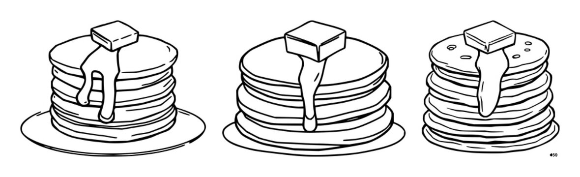 Pancake stack set with doodle style illustration featuring breakfast, butter cube, melting with simple lines and white background