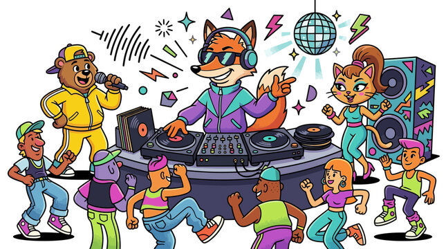 A cartoon fox dj and friends dancing at a colorful party with music equipment