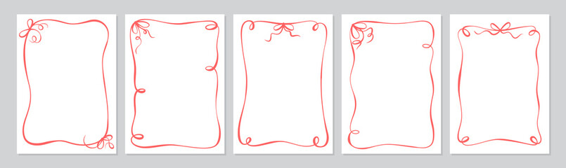 Fototapeta premium Whimsical red ribbon frame set in simple hand drawn style. Curly border with bow suits wedding invite or romantic card and social media post. Cute doodle template as vintage decoration for girly