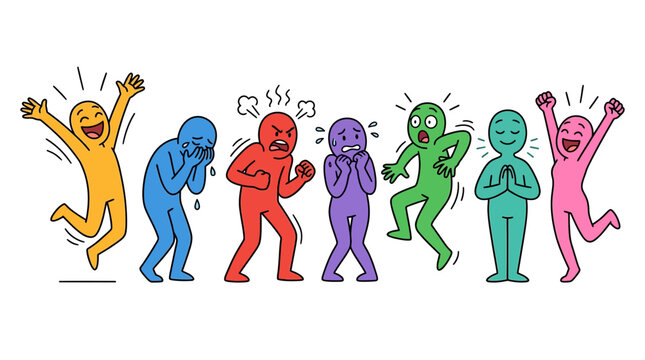 Colorful cartoon characters expressing various emotions
