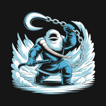 Furious muscular bearded man with hook.
