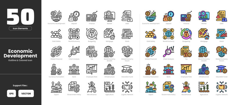 Economic development icon set collection - colored outline line art style. Deposit finance financial market debt gold safety world economy budgeting mortgage stock chart analysis tax growth forum