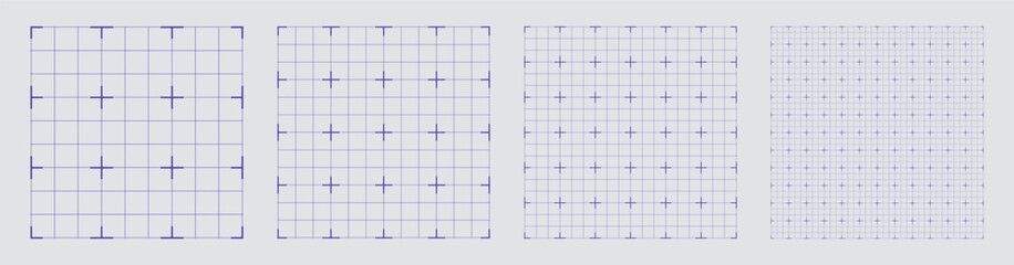 Square grid collection micro cross geometry, four samples blueprint style. Small element lattice structure, interface layouts editorial compositions planning sheets dashboards technology graphics. © Vectoressa