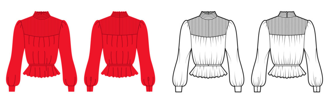 Blouse with high ruffle neckline, pleated yoke and peplum hem long sleeves fitted waist creating elegant feminine silhouette with structured shaping. Technical fashion illustration in black white