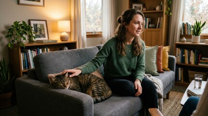 Obraz premium Woman Comforting Cat on Couch in Cozy Living Room Setting.