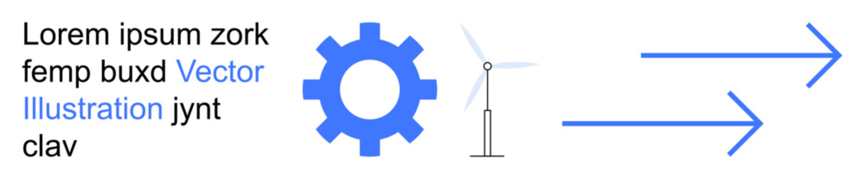 Renewable energy, innovation, progress, technology, sustainability, clean power. Blue gear, wind turbine and arrows convey movement and technology. Renewable energy and innovation concept