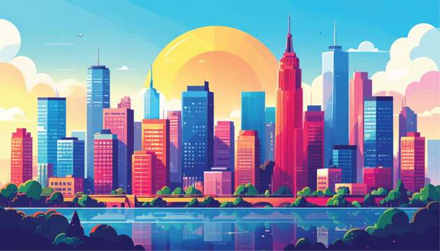 Vibrant Pop Art Illustration of New York City Skyline at Sunset with Water Reflection