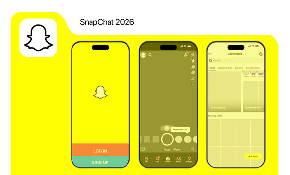 SnappChat 2026. Snapchat mockup. Snapchat logo. Social network Snapchat. iPhone app mockup. Snapchat User Interface Screen Set. Popular social media.