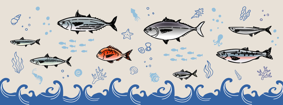 手描きペンタッチお魚イラスト	
