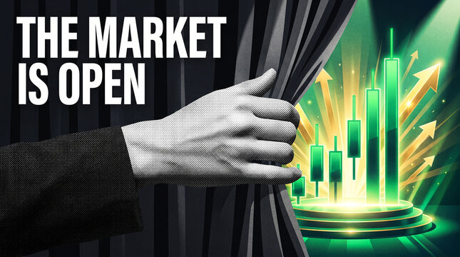 The Market is Open Hand Pulling Back Dark Curtain Revealing Glowing Green Candlestick Market Stage