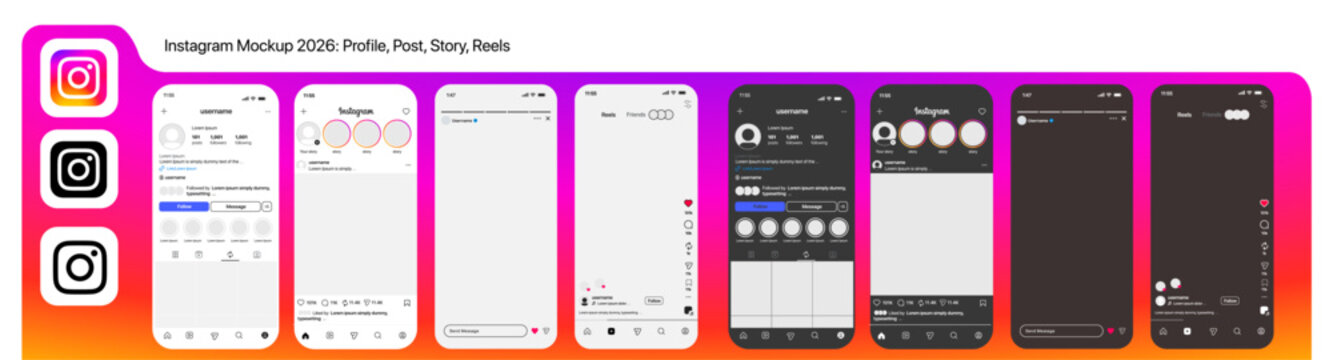 Instagram UI set in different views in light and dark modes, presenting a seamless design experience. Instagram Mockup 2026. Profile, Post, Story, Reels