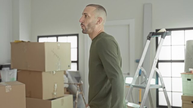 Man claps hands with a small smile amid stacked cardboard boxes and a ladder in a residential building interior; new beginning satisfaction.
