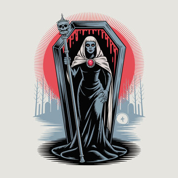 Gothic woman in black dress standing.