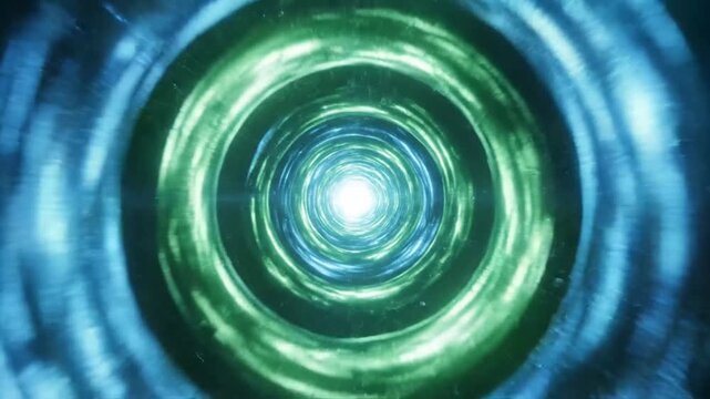 Abstract glowing tunnel with blue and green light rings leading to bright center