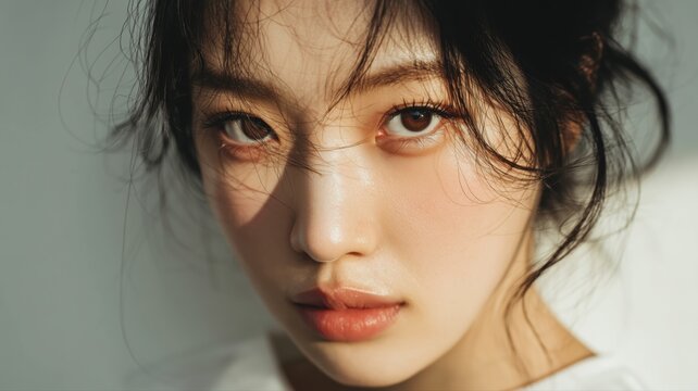 女性の顔がアップで写っている。美容やファッションのイメージに使えるポートレート素材。