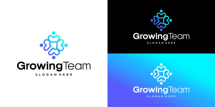 A logo design concept features a growing team network on colorful backgrounds.
