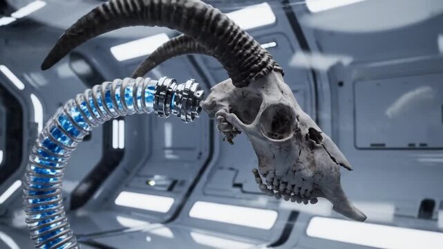 Animal skull with glowing robotic arm in futuristic glass container