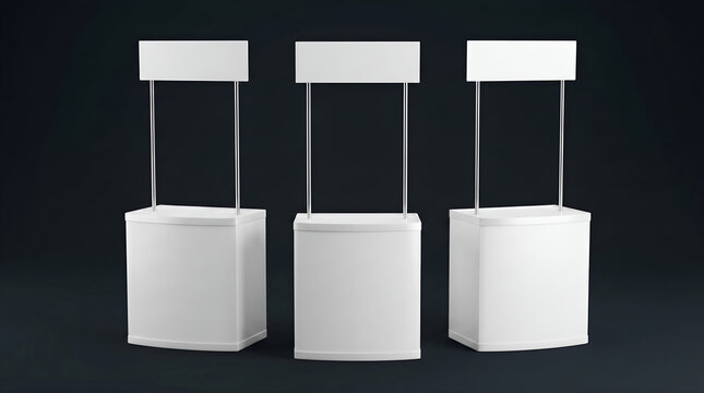 Versatile Set of Three Blank White Promotional Stands Mockup for Event Marketing, Trade Shows, and Product Display