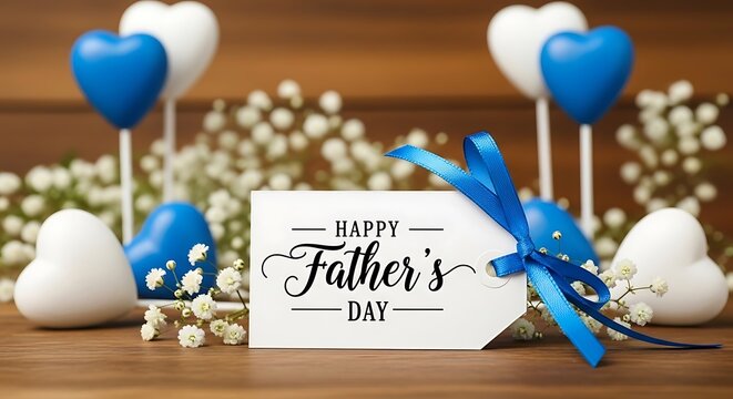 Elegant father day greeting card white tag with blue ribbon on rustic wooden table decorated with blue hearts and white flowers.