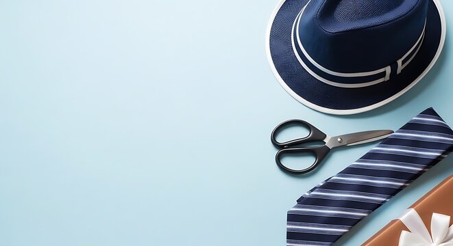 Father's day flat lay composition featuring blue fedora hat striped necktie black scissors and gift box on light blue background.