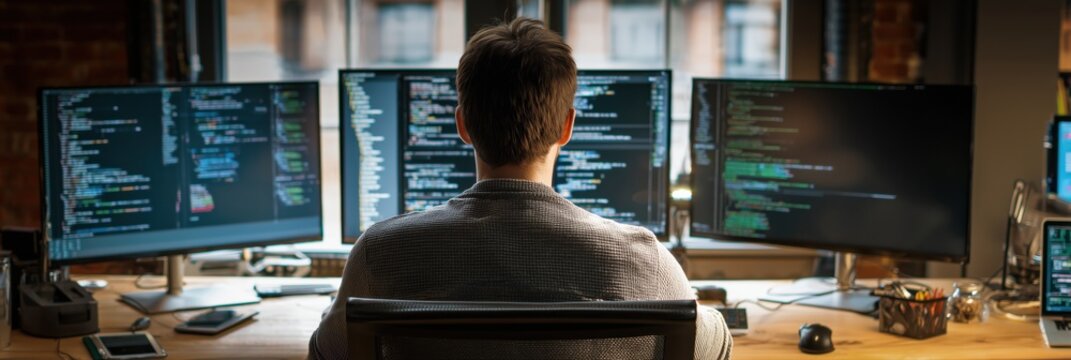 複数のモニターでプログラミングコードを確認する男性の後ろ姿。IT関連の仕事やソフトウェア開発のイメージ素材