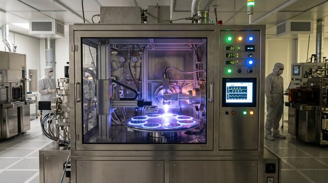 Medium shot of lowenergy ion implanter underway showing precise doping process on silicon wafers with glowing interface panels and safety enclosures in cleanroom setting.