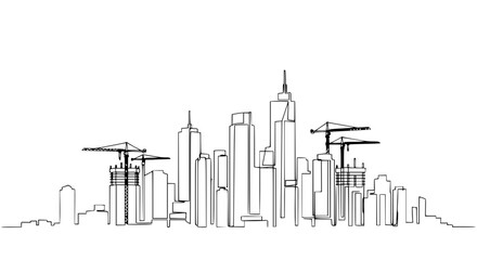 Fototapeta premium Modern Cityscape Construction Line Drawing with Cranes