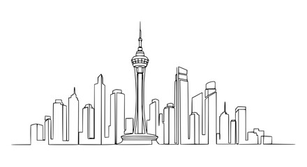 Obraz premium Minimalist city skyline, continuous line drawing of modern skyscrapers and tower.