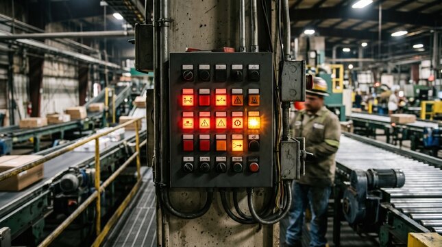 Medium closeup of automated alert system panel lighting up with warnings from AI algorithms identifying conveyor belt issues for prompt maintenance response.
