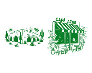 Fototapeta premium Southwest adobe villa, desert cactus landscape, cafe azur storefront, french bistro, mediterranean style, travel sketch, awning, patio