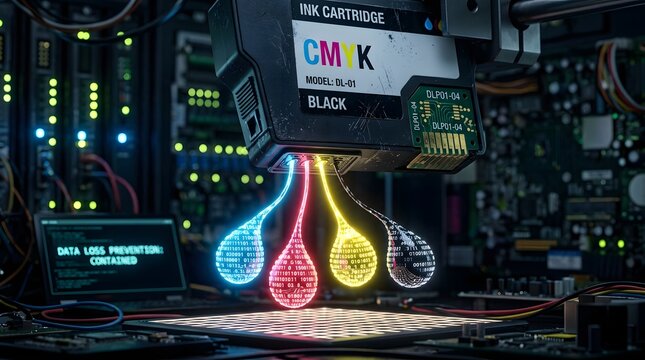 Inkjet printer head ejects colorful ink droplets onto a surface in a dark industrial environment with circuit boards.