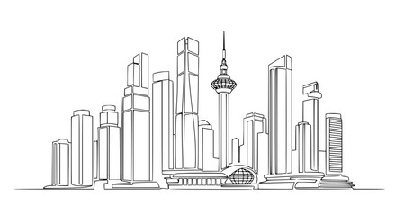Fototapeta premium Modern city skyline, continuous line drawing, urban landscape, skyscrapers, business district