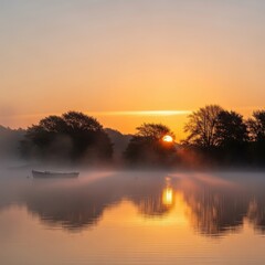 Naklejka premium Sunrise over misty lake with boat and trees.