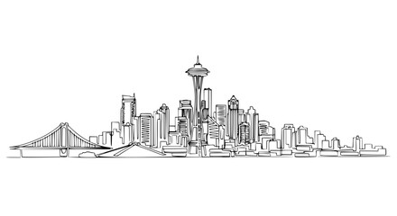 Fototapeta premium Hand-drawn skyline sketch of a modern city with skyscrapers and a bridge